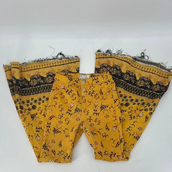 Free People Just Float On denim Floral Yellow Boho Pants flare - Picture 2 of 8